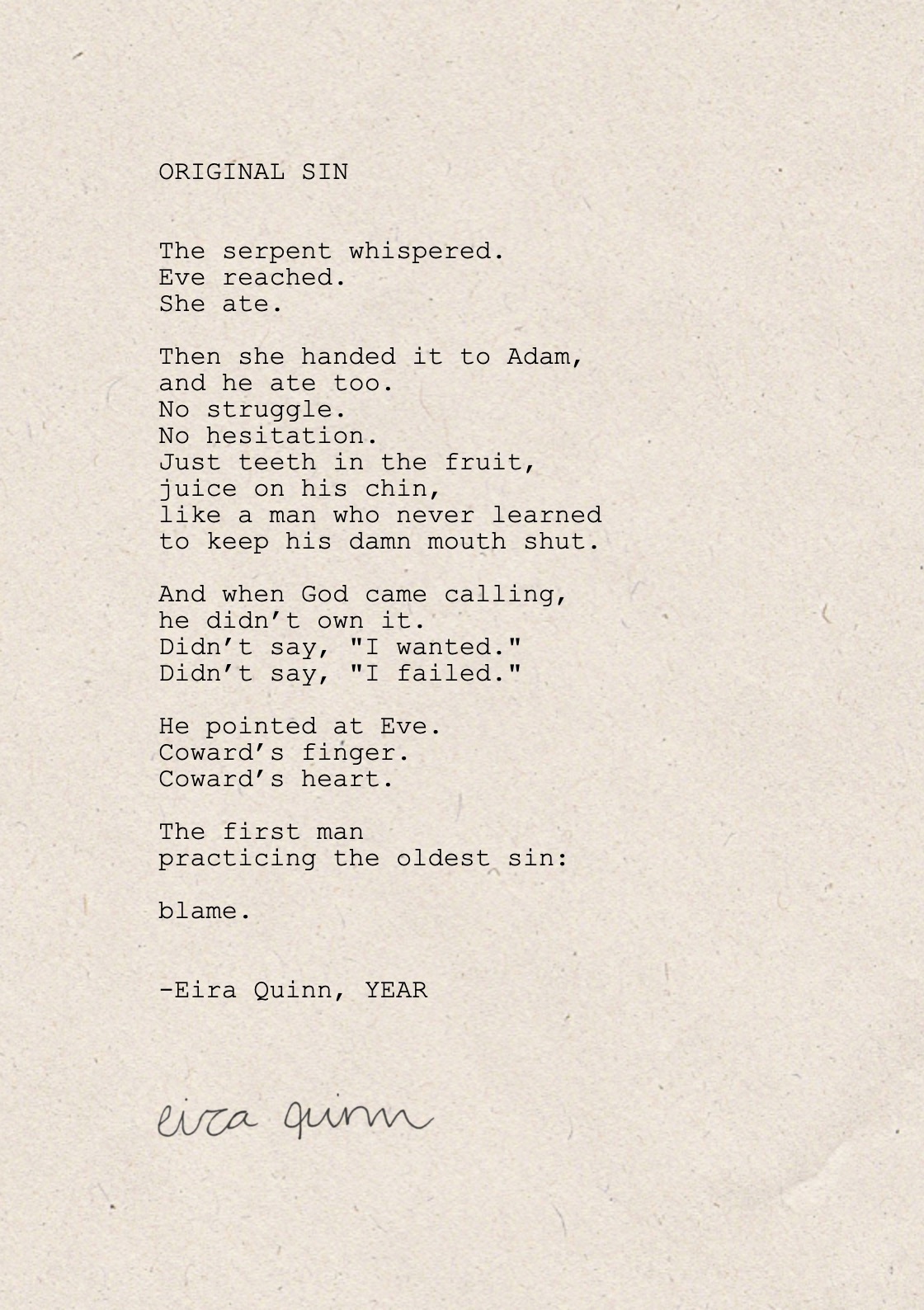 Mockup of "Original Sin" hand-typed on A5 handmade paper